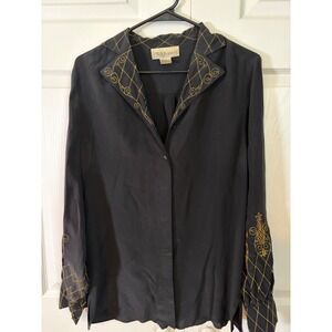 Silk Assets Diane von Furstenberg Silk Blouse Black Gold Embroidered Small DVF